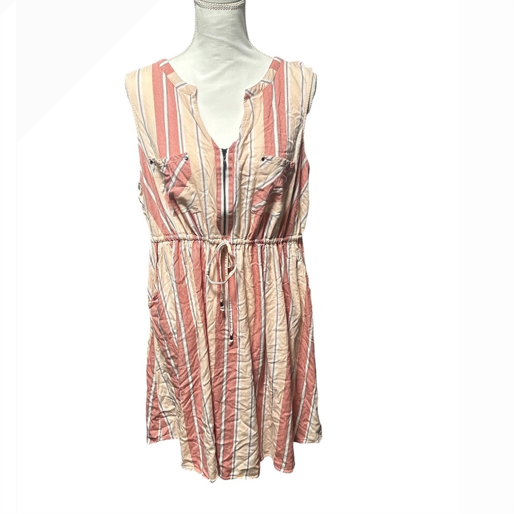 Torrid Womens Plus Size 2 Peach Red Striped Zip Front Drawstring Mini Dress